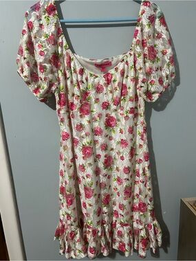 Betsey Johnson White Dress with Pink Rose Print and Puff Sleeves